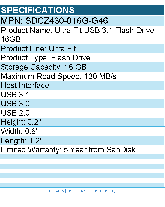 SanDisk SDCZ430-016G-G46 Ultra Fit USB 3.1 Flash Drive 16GB