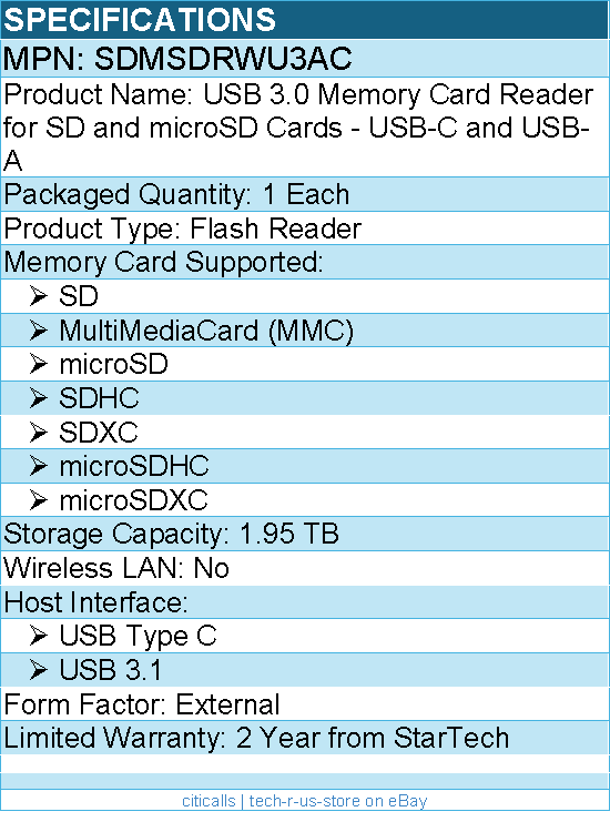 StarTech SDMSDRWU3AC USB 3.0 Memory Card Reader for SD and microSD Cards