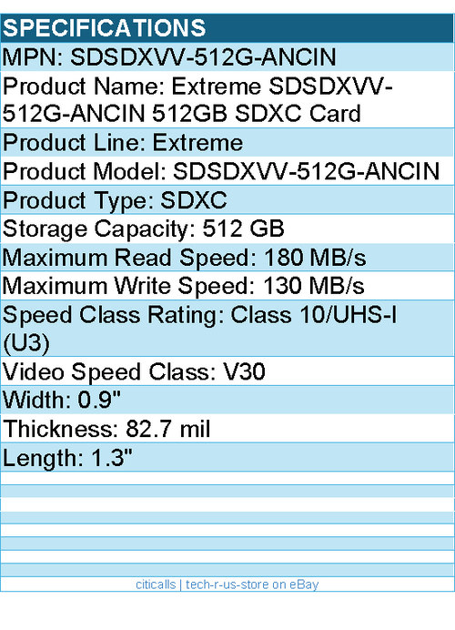 SanDisk SDSDXVV-512G-ANCIN Extreme 512 GB Class 10/UHS-I (U3) V30 SDXC