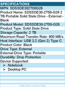 SanDisk SDSSDE302T00G26 2 TB Portable Solid State Drive - External - Black