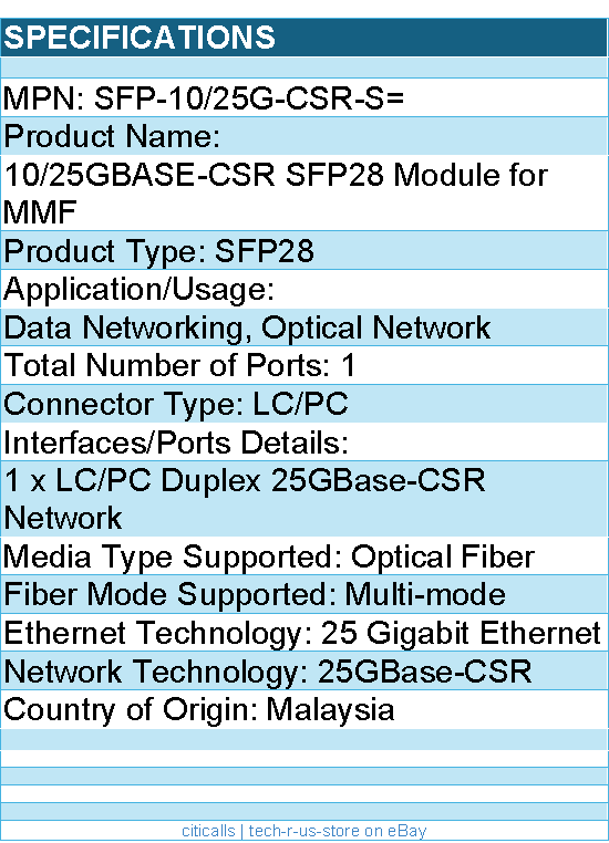 Cisco SFP-10/25G-CSR-S= 10/25GBASE-CSR SFP28 Module for MMF