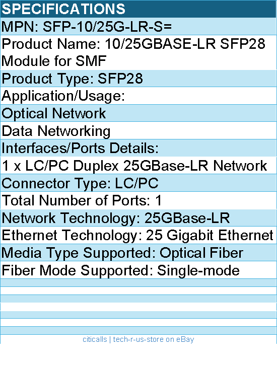 Cisco SFP-10/25G-LR-S= 10/25GBASE-LR SFP28 Module For SMF, Data Networking