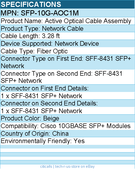 Cisco SFP-10G-AOC1M Active Optical Cable Assembly - 3.28 ft Fiber Optic Cable