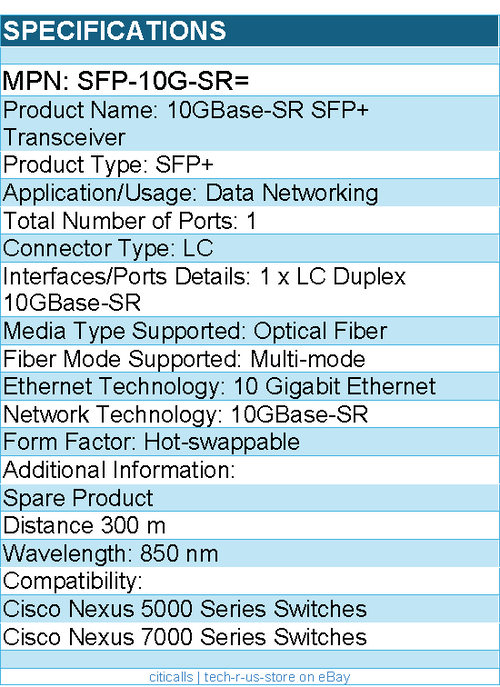Cisco SFP-10G-SR= 10GBase-SR SFP+ Transceiver - 1 x 10GBase-SR