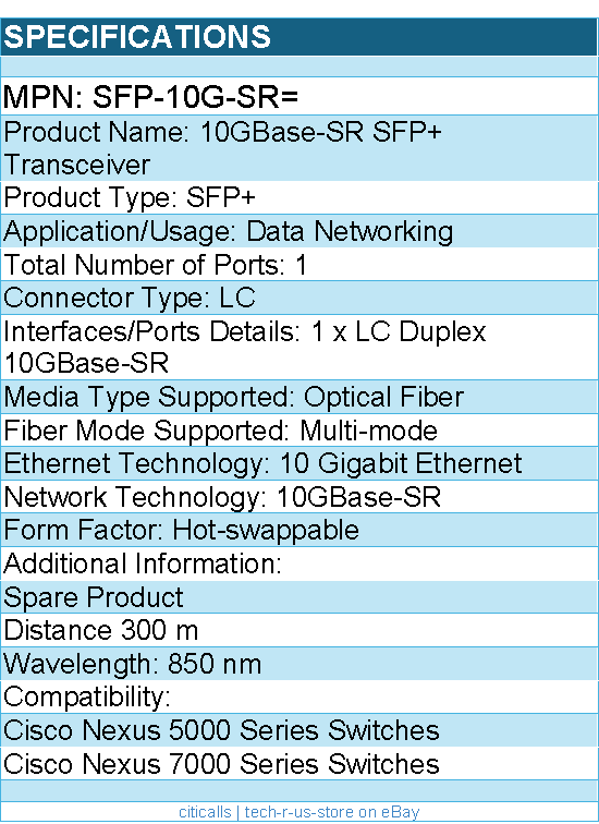 Cisco SFP-10G-SR= 10GBase-SR SFP+ Transceiver - 1 x 10GBase-SR