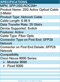 Cisco SFP-25G-AOC2M= 25G Active Optical Cable - 6.56ft Fiber Optic Network Cable