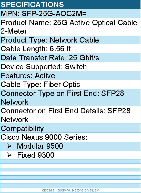 Cisco SFP-25G-AOC2M= 25G Active Optical Cable - 6.56ft Fiber Optic Network Cable