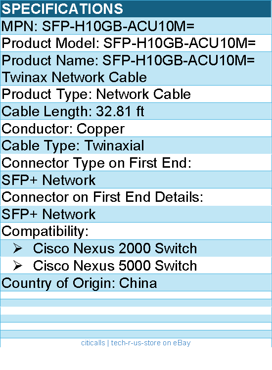 Cisco SFP-H10GB-ACU10M= Twinax Network Cable - 32.81 ft