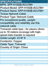 Cisco SFP-H10GB-ACU7M= Twinax Network Cable - 22.97 ft - Twinaxial