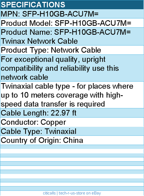 Cisco SFP-H10GB-ACU7M= Twinax Network Cable - 22.97 ft - Twinaxial