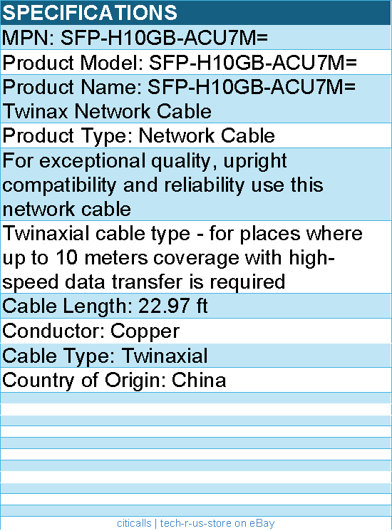 Cisco SFP-H10GB-ACU7M= Twinax Network Cable - 22.97 ft - Twinaxial