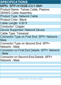Cisco SFP-H10GB-CU1-5M= Twinax Cable, Passive, 30AWG Cable Assembly