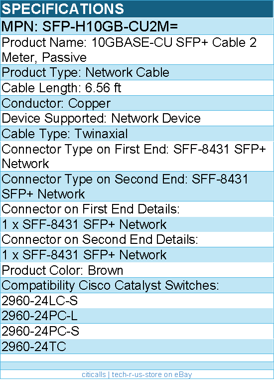 Cisco SFP-H10GB-CU2M= 10GBASE-CU SFP+ Cable 2 Meter, Passive - 6.56 ft Twinaxial