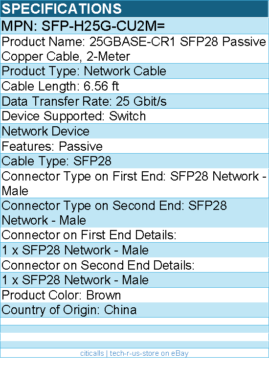 Cisco SFP-H25G-CU2M= 25GBASE-CR1 SFP28 Passive - 6.56 ft SFP28 Network Cable