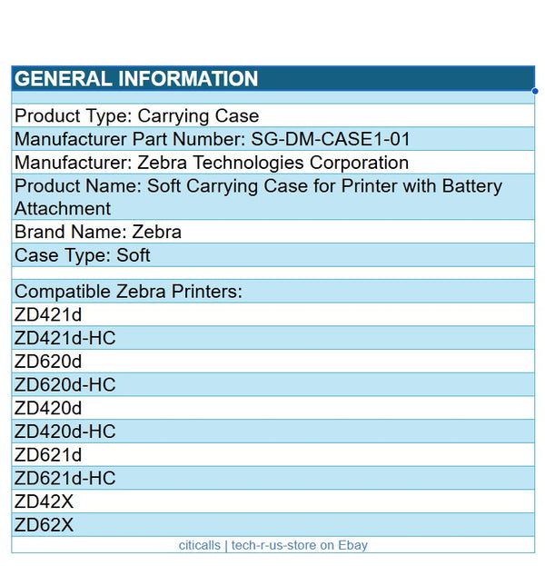 Zebra SG-DM-CASE1-01 Soft Carrying Case for Portable ZD420 ZD421 ZD620 ZD621