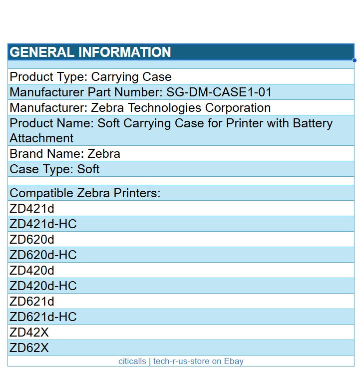 Zebra SG-DM-CASE1-01 Soft Carrying Case for Portable ZD420 ZD421 ZD620 ZD621