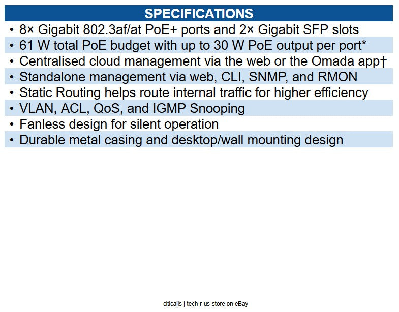 TP-Link SG2210P Omada 8-Port Gigabit Smart PoE+ Switch with 2 SFP Slots. PORT: 8