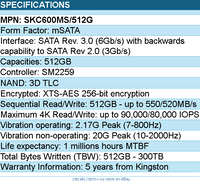 Kingston SKC600MS/512G SSD -  512G 512GB KC600 mSATA SM2259 3D TLC Retail