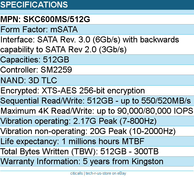 Kingston SKC600MS/512G SSD -  512G 512GB KC600 mSATA SM2259 3D TLC Retail