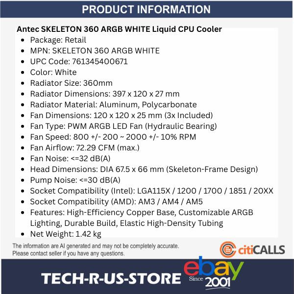 ANTEC SKELETON 360 ARGB White AIO Liquid Cooler 3x 120mm Fans AM5/LGA1700