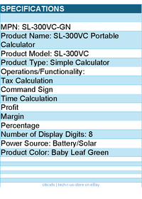 Casio SL-300VC-GN SL-300VC Portable Calculator - Battery/Solar Powered