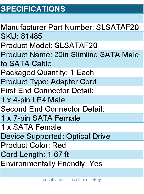 StarTech SLSATAF20 Slimline SATA to SATA with LP4 Power Cable Adapter (Red, 20")