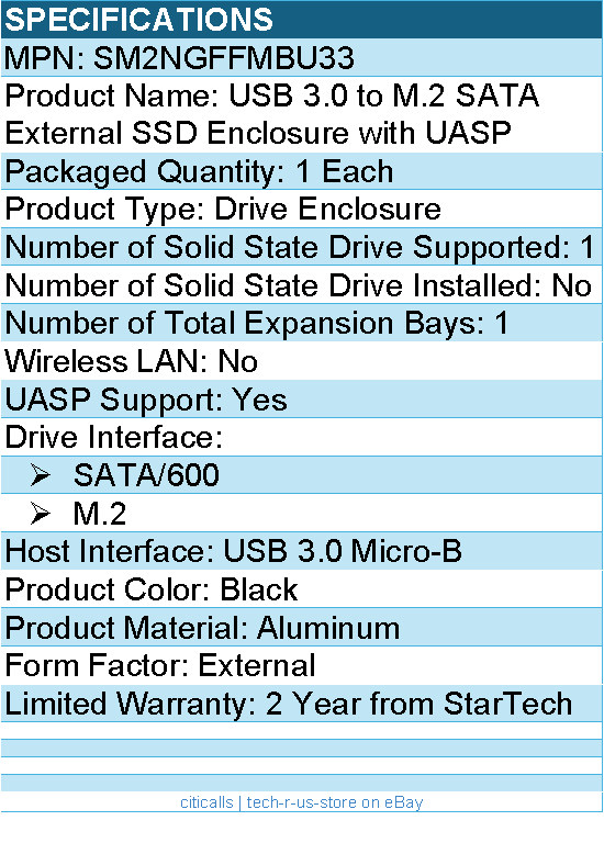 StarTech SM2NGFFMBU33 M.2 SSD Enclosure for M.2 SATA SSDs - USB 3.0
