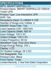 Eaton Tripp Lite Series SMART1000PSGLCD 1000VA 120V Pure Sine Wave Gaming UPS