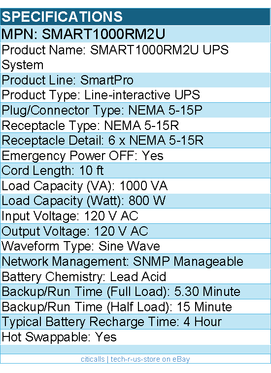 Eaton Tripp Lite Series SMART1000RM2U 1kVA 800W Line-Interactive Sine Wave UPS