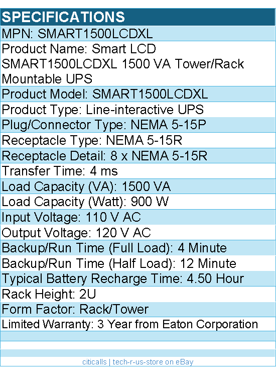 Eaton Tripp Lite Series SMART1500LCDXL 120V 1500VA 900W Line-Interactive UPS