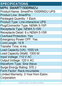 Eaton Tripp Lite series SMART1500RM2U 1500VA SmartPro Rack Tower UPS