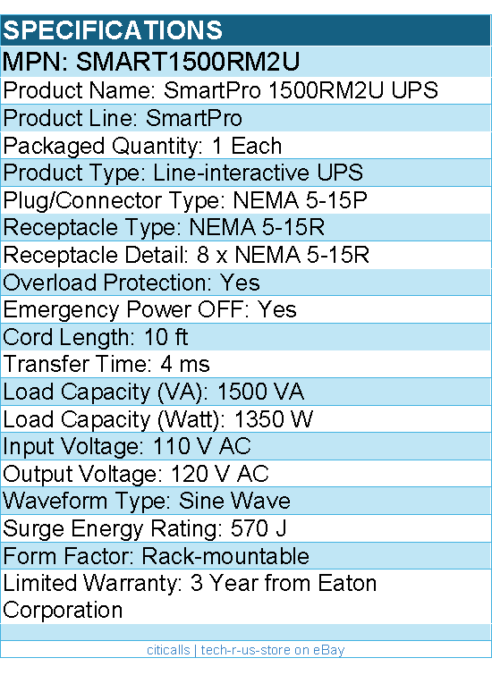 Eaton Tripp Lite series SMART1500RM2U 1500VA SmartPro Rack Tower UPS