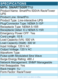 Eaton Tripp Lite SMART500RT1U Series 500VA 300W 120V Line-Interactive UPS