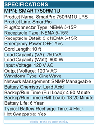 Eaton Tripp Lite Series SMART750RM1U 750VA 600W Line-Interactive Sine Wave UPS