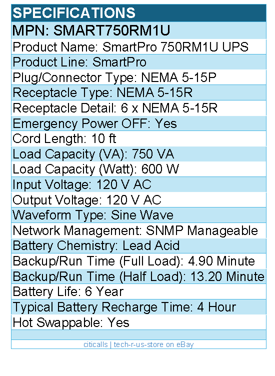 Eaton Tripp Lite Series SMART750RM1U 750VA 600W Line-Interactive Sine Wave UPS