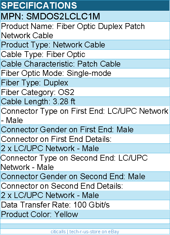 StarTech SMDOS2LCLC1M LC to LC (UPC) OS2 Single Mode Duplex Fiber Optic Cable