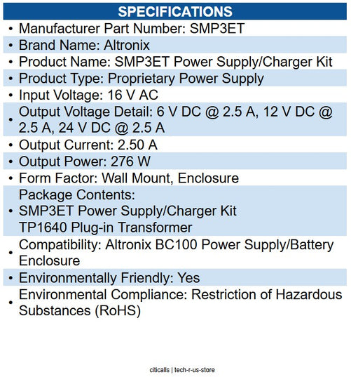 Altronix SMP3ET Power Supply/Charger Kit Wall Mount, Enclosure - 16 V AC Input