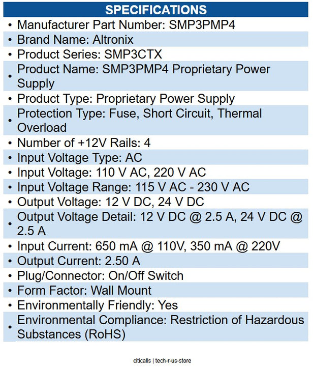 Altronix SMP3PMP4 Proprietary Power Supply Wall Mount - 110 V AC, 220 V AC Input