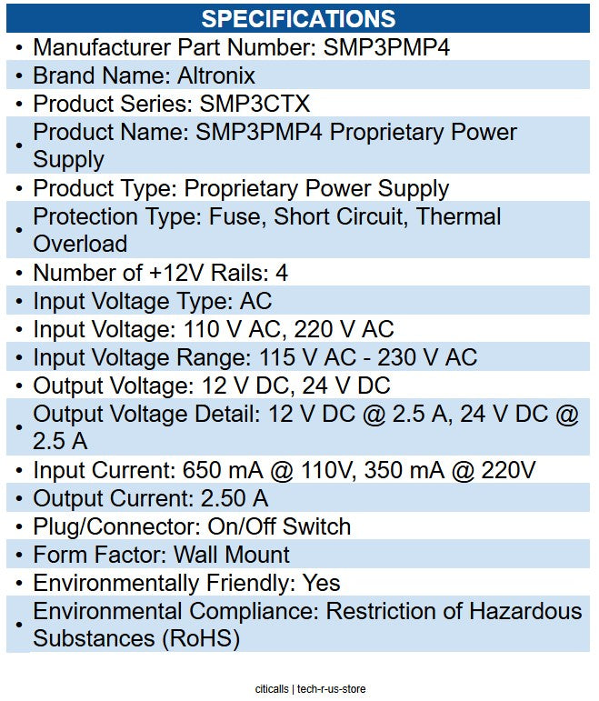 Altronix SMP3PMP4 Proprietary Power Supply Wall Mount - 110 V AC, 220 V AC Input
