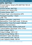 APC SMT750I Smart-UPS, Line Interactive, 750VA, Tower, 230V, 500 W - Black