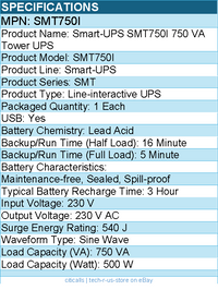 APC SMT750I Smart-UPS, Line Interactive, 750VA, Tower, 230V, 500 W - Black