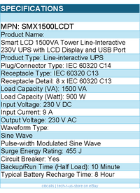 Eaton Tripp Lite Series SMX1500LCDT 230V 1.5kVA 900W Line-Interactive UPS