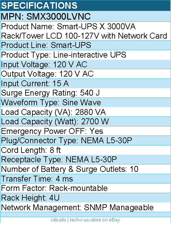 APC SMX3000LVNC Smart-UPS X, Line Interactive, 3kVA, Rack/tower convertible 4U