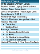 StarTech SNBLK-LAPTOP-LOCK Laptop Security Lock - Cable Lock