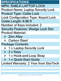 StarTech SNBLK-LAPTOP-LOCK Laptop Security Lock - Cable Lock