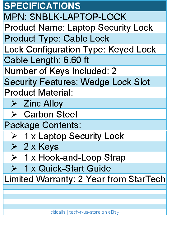 StarTech SNBLK-LAPTOP-LOCK Laptop Security Lock - Cable Lock