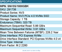 Kingston SNV3S/1000GBK Solid State Drive - 1TB NV3 M.2 2280 PCIe 4.0 NVMe