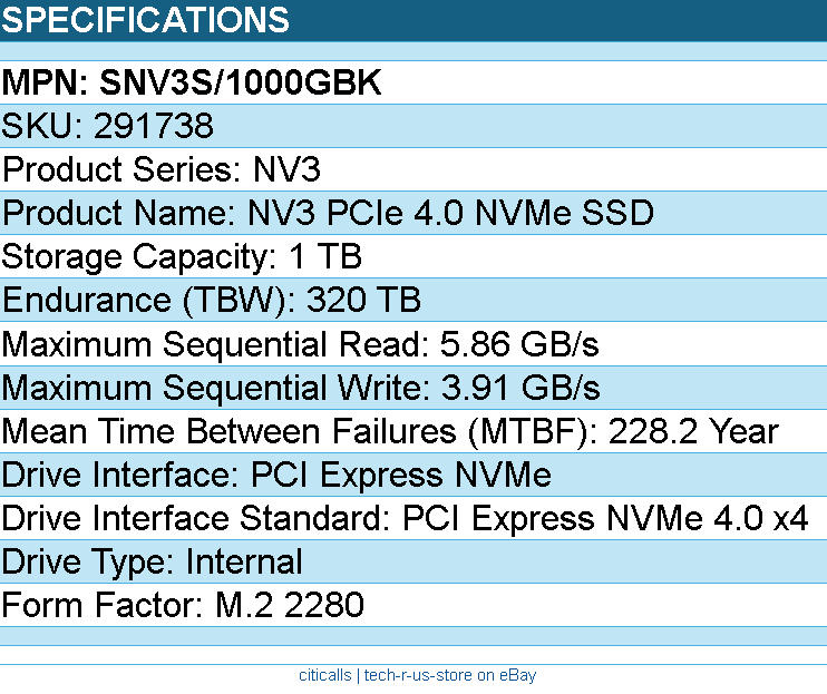 Kingston SNV3S/1000GBK Solid State Drive - 1TB NV3 M.2 2280 PCIe 4.0 NVMe