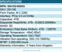 Kingston SNV3S/4000G Solid State Drive - 4TB NV3 M.2 2280 PCIe4.0 NVMe Retail