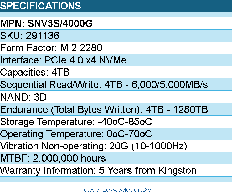 Kingston SNV3S/4000G Solid State Drive - 4TB NV3 M.2 2280 PCIe4.0 NVMe Retail